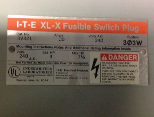 I-T-E XL-X fusible switch plug. 30amps/240V, 3PH/3Wire