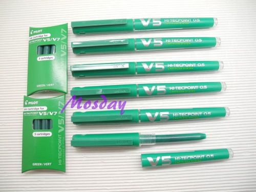 6pcs Pilot Hi-Tecpoint V5 Cartridge System RollerBall Pen+Refill 6+6, GREEN