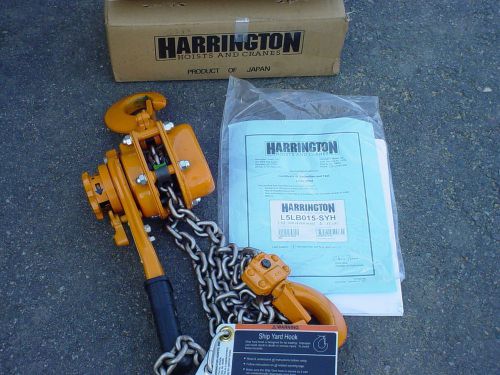 Harrington lever hoist l5lb015-syh 1.5 ton 5 ft pull shipyard hooks nib for sale