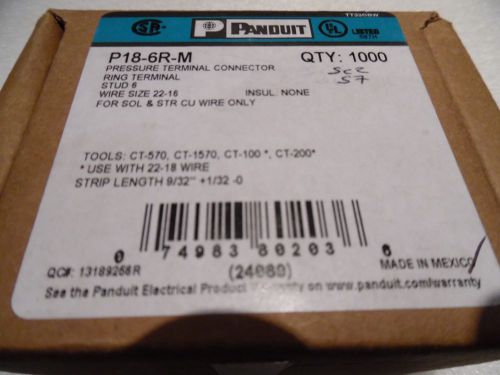 Panduit p18-6r-m ring terminal connector, 22 – 16 awg, #6 stud size nib 1000 for sale
