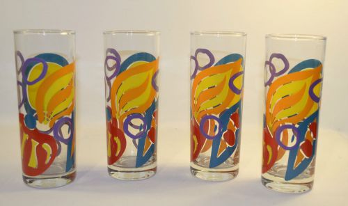 Set of 4 Kitsch Drinking Glasses 6&#034;1/2 tall Orange Red Green Purple Yellow