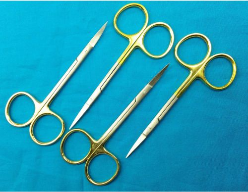 4 O.R GRADE  IRIS SURGICAL OPHTHALMIC SCISSORS STRAIGHT+CURVED WITH GOLD HANDLE