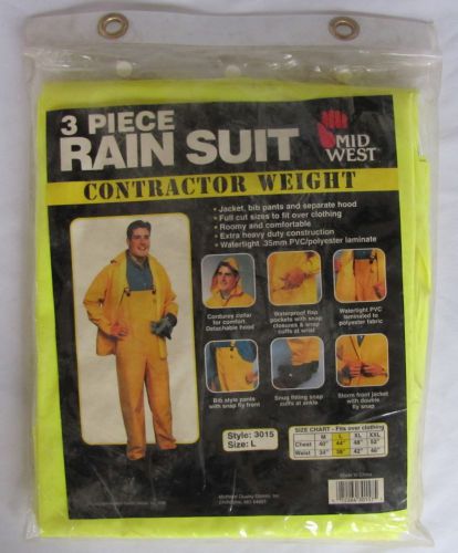 3-piece rain suit, jacket, bib pants hood, contractor weight, midwest #3015, nip for sale