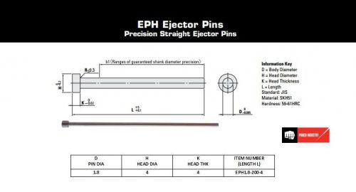 Punch Industry EPH1.8-200-4 Precision Straight Ejector Pins 8 Pcs Lot