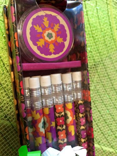 New Vera Bradley Pencil Set In Suzani 10 Pencils + Sharpener Reusable GIFT Box!