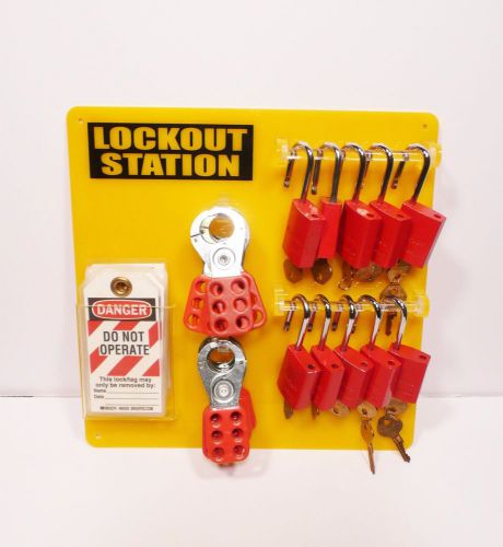 Brady 51187 filled lockout station 10 keyed masterlock padlocks 10 hasps 8 tags for sale