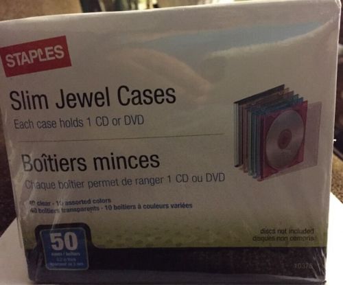 50 NEW SLIM JEWEL CASES for CD or DVD STAPLES 40 CLEAR &amp; 10 ASSORTED COLORS