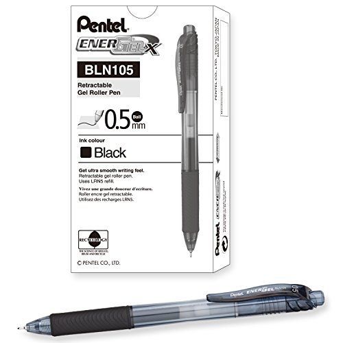 Pentel EnerGel-X Retractable Liquid Gel Pen 0.5mm Needle Tip Black Ink, Box of
