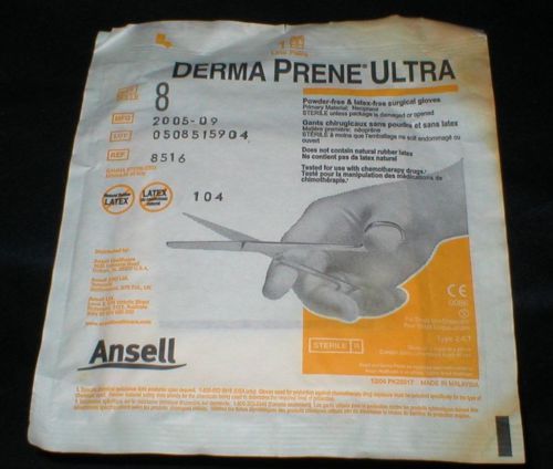 Ansell Derma Prene Ultra Size 8 Ref 8516 Powder &amp; Latex Free 2 Pair MINT IN BAG