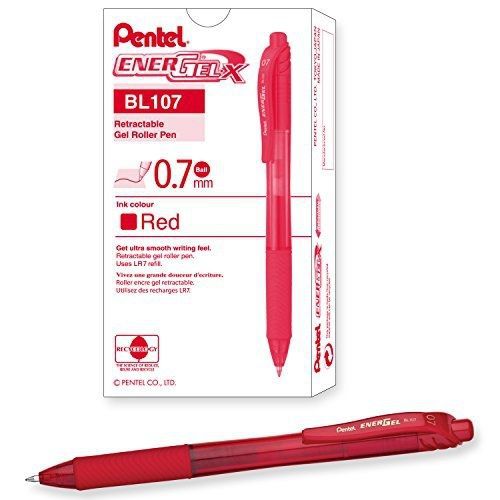 Pentel EnerGel-X Retractable Liquid Gel Pen (0.7mm) Metal Tip, Red Ink, Box of