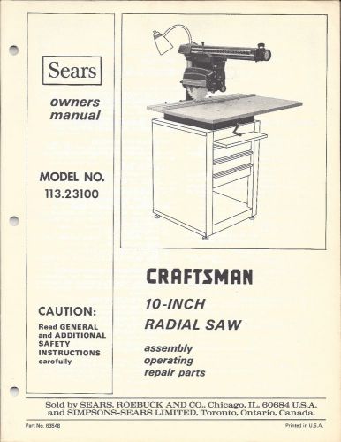 Sears craftsman 10-inch radial saw owners manual, model no. 113.23100 for sale