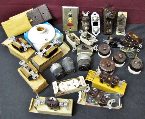 Vtg Electrical Lot Twist Plugs Switches Porcelain Outlets. Hubbell Used &amp; NOS.