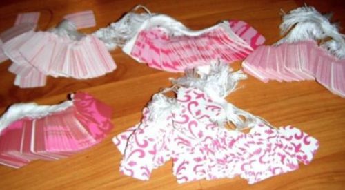Lot 100 Pink Designer Print Paper Merchandise Price Tags with White String
