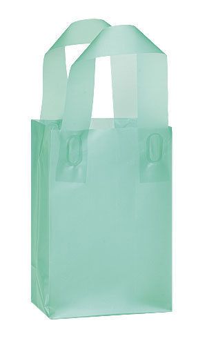 Count of 100 Small Aqua Blue Frosted Plastic Shopping Bag 5” x 3” x 7”