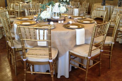 200 CHIAVARI CHAIRS GOLD WOOD STACKABLE WITH IVORY VINYL CUSHIONS
