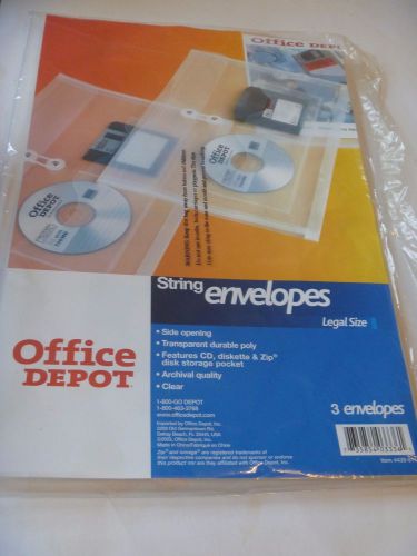 Office Depot 2 String Envelopes Legal Size pockets for CD, DVDs, more