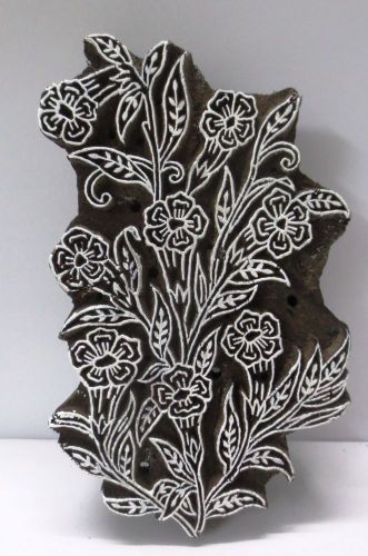 VINTAGE INDIAN WOOD HAND CARVED TEXTILE PRINTING FABRIC BLOCK STAMP FLORAL LEAF