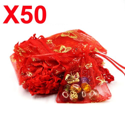 50 MEDIUM red butterfly organza gift candy bags jewellery favour pouches wrap