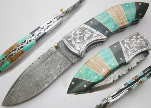 One of kind! Custom hand made damascus steel engraved folding knife (uk-00066.2f