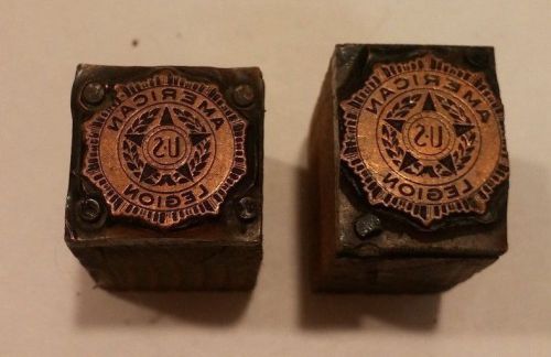 2 Vintage Antique Letterpress Printer Blocks U.S. American Legion Symbols