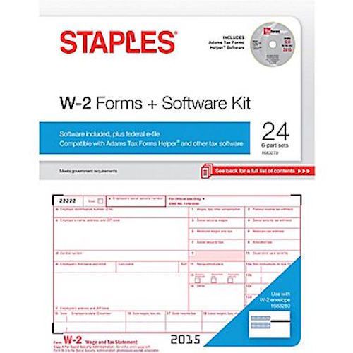 Staples 2015 Tax Year IRS Forms, W2 Kit with Software, Inkjet/Laser, 24/Pack