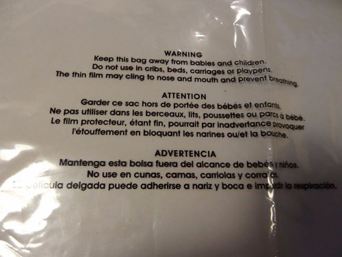 SUFFOCATION WARNING BAGS Alert customers to potential child hazard FDA compliant