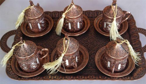 Turkish Ottoman Copper Brown Coffee Espresso Serving Cup Saucer Gift Set 25 Pc