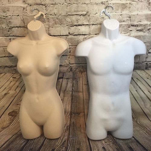 Flesh Female+white Male Mannequin Body Forms+ 2 Hangers Open Back Display