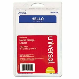 Universal &#034;Hello&#034; Self-Adhesive Name Badges 3-1/2 x 2-1/4, 100 Badges (UNV39105)