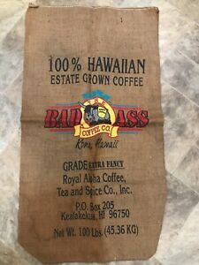 BAD ASS COFFEE COMPANY BURLAP SACK BAG KONA HAWAIIAN GROWN LARGE LOGO NEAR MINT