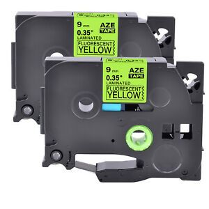 2PK Compatible Brother P-Touch TZ TZe-C21 Black on Fluo Yellow Label Tape 9mm