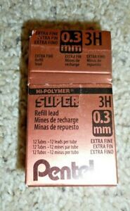 3H Pentel Hi-Polymer Lead, 0.3mm Extra Fine, Black, 12 TUBES
