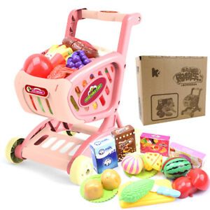 1 Set Pink Simulation Supermarket Large Shopping Cart Toy Cut Fruits Vegetables