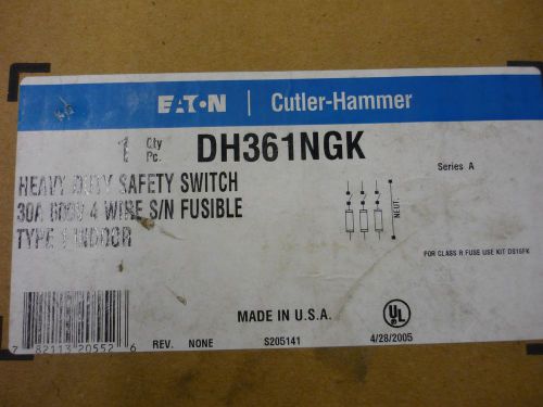 CUTLER HAMMER DH361NGK HEAVY DUTY SAFETY SWITCH 30A 600v 4 WIRE
