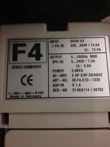KEBCO Combivert F4 Frequency Inverter,  2 HP 1PH 220V