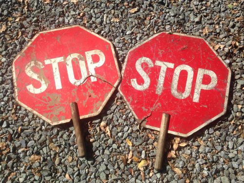 2 Traffic Control Safety Stop Slow Octagon Paddle Sign Handle Vintage Flagger