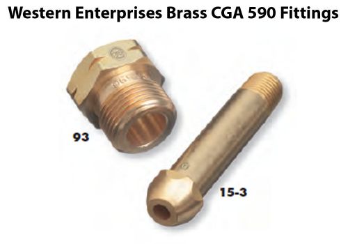 CGA 590 Air Cylinder / Regulator Fitting, 1/4&#034; NPT X 3&#034; L Brass Nipple w/ LH Nut