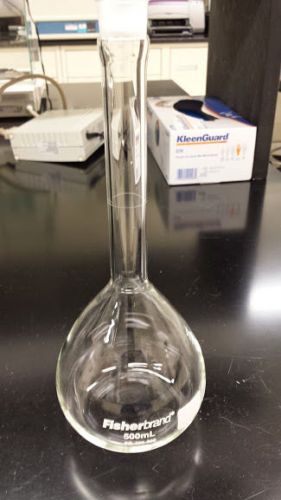 Volumetric flask, 500mL, FisherBrand, clear glass, with cap, new