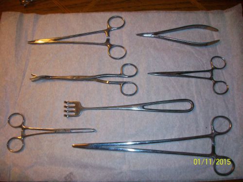 Vintage misc. surgical instruments, lot of 7, retractor, hemostat, diamond jaw