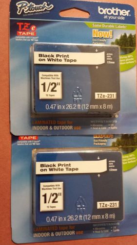 New Two Brother P-Touch TZe-231 BLACK ON WHITE Label Tape TZe231  1/2 Inch