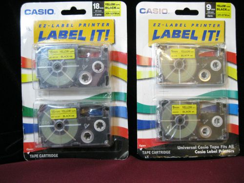 Casio label-it! 2pk tapes 9mm &amp; 18mm black ink / yellow tape new (4 cartridges) for sale