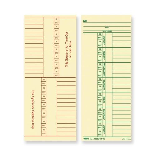 Tops named days/overtime time card - 8.25&#034;x3.37&#034; size - manila -100/pk for sale