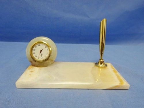 Amazaing Middle Eastern Curved Onyx Marble Clock &amp; Pen Holder 6&#034; x 3&#034;