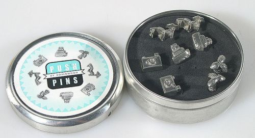 PHOTOGRAPHIC PUSH PINS SET OF 2 WITH ORIGINAL TIN BOX