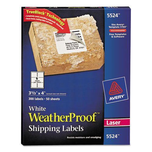 White Weatherproof Laser Shipping Labels, 3-1/3 x 4, 300/Pack