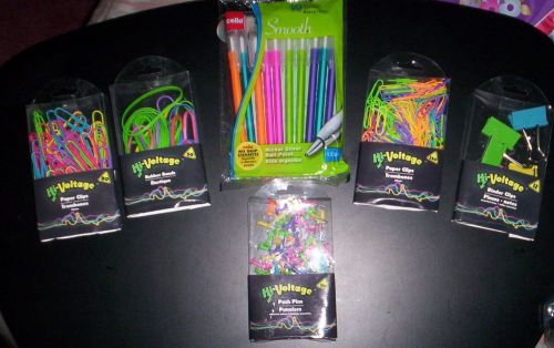 NEON COLORS-Push Pins/2 Paper Clips/Binder Clips/Rubber Bands/Ink Pens~6 ITEMS