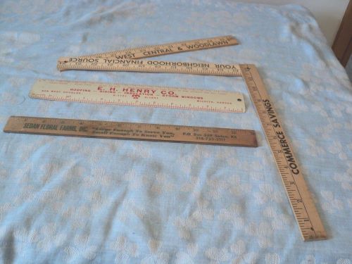 3 Vintage Rulers 2 Wood 1 Metal EH Henry &amp; Commerce Savings Wichita KS Sedan KS.