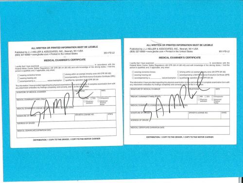 Lot of 2 JJ Keller 651-FS-L2   Medical Examiners Certificate Carbon Copy