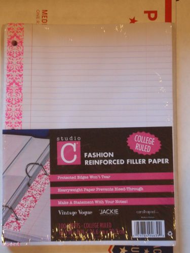 Fashion Reinforced Filler Paper, College Ruled 2 Pack 100 sheets each 10.5&#034; x 8&#034;