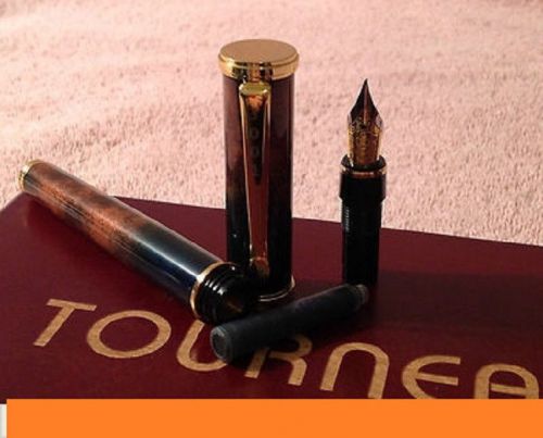 Tourneau 23kt gold p fountain pen and ballpoint pen set brown blue marbled resin for sale